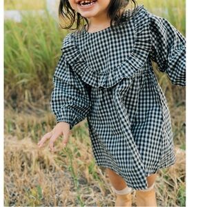 Girls Navy & White Gingham Ruffle Dress